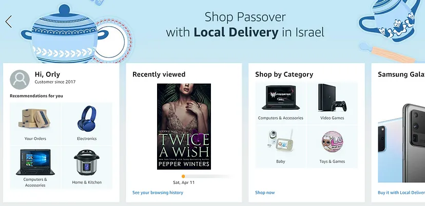 screen shot from amazon website illustrating a personal homepage view